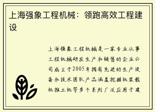 上海强象工程机械：领跑高效工程建设