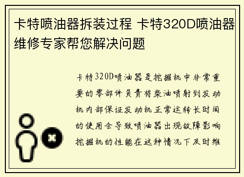 卡特喷油器拆装过程 卡特320D喷油器维修专家帮您解决问题